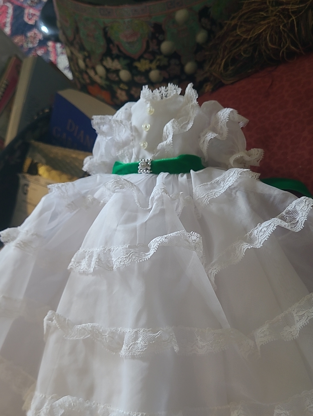 Madame Alexander White Lace Dress with Green Sash